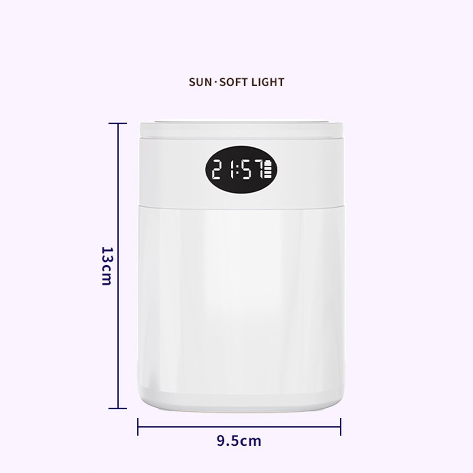 Weißes Gerät mit digitaler Uhranzeige, 13 cm hoch und 9,5 cm breit.