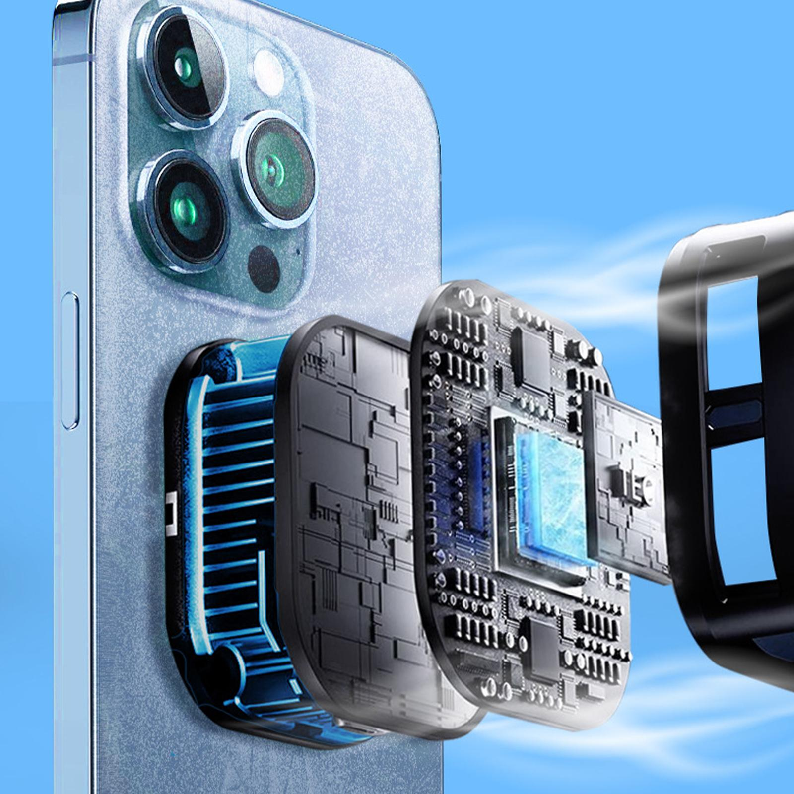 Telefon mit seinem Kühlsystem, mit blauem Hintergrund.