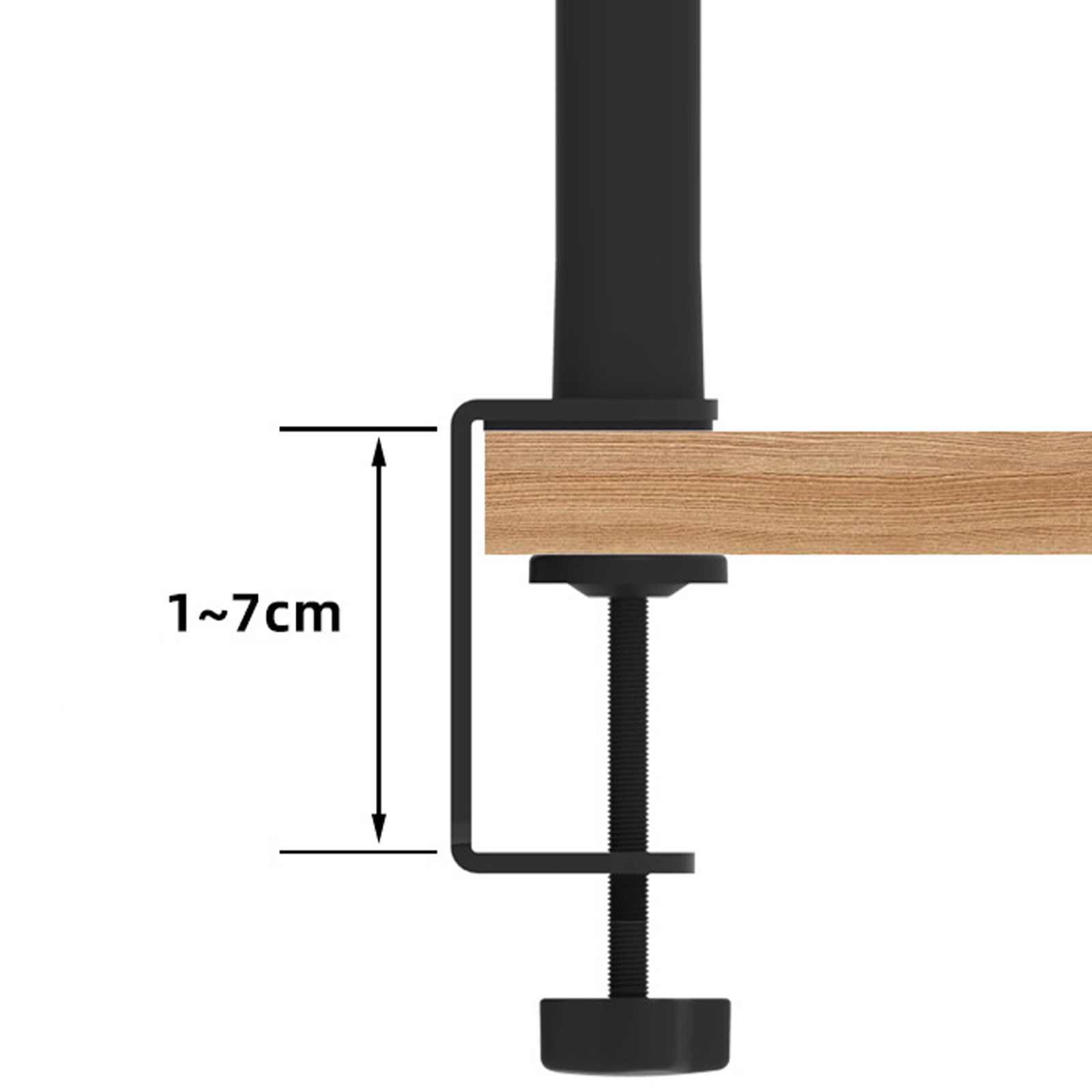Schreibtischklemme mit einem Höhenverstellbereich von 1 bis 7 cm.