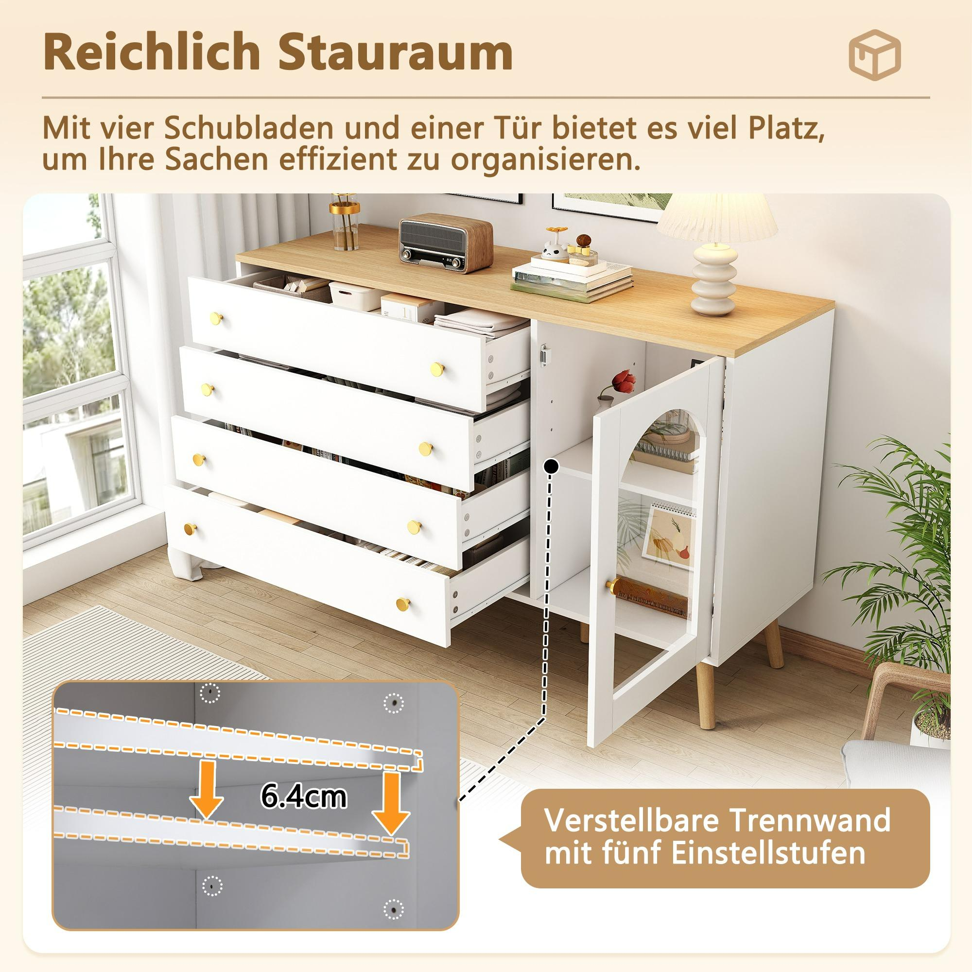 Weißer Schrank mit Schubladen und Tür. Text auf Deutsch, Schublade offen, Innenansicht.