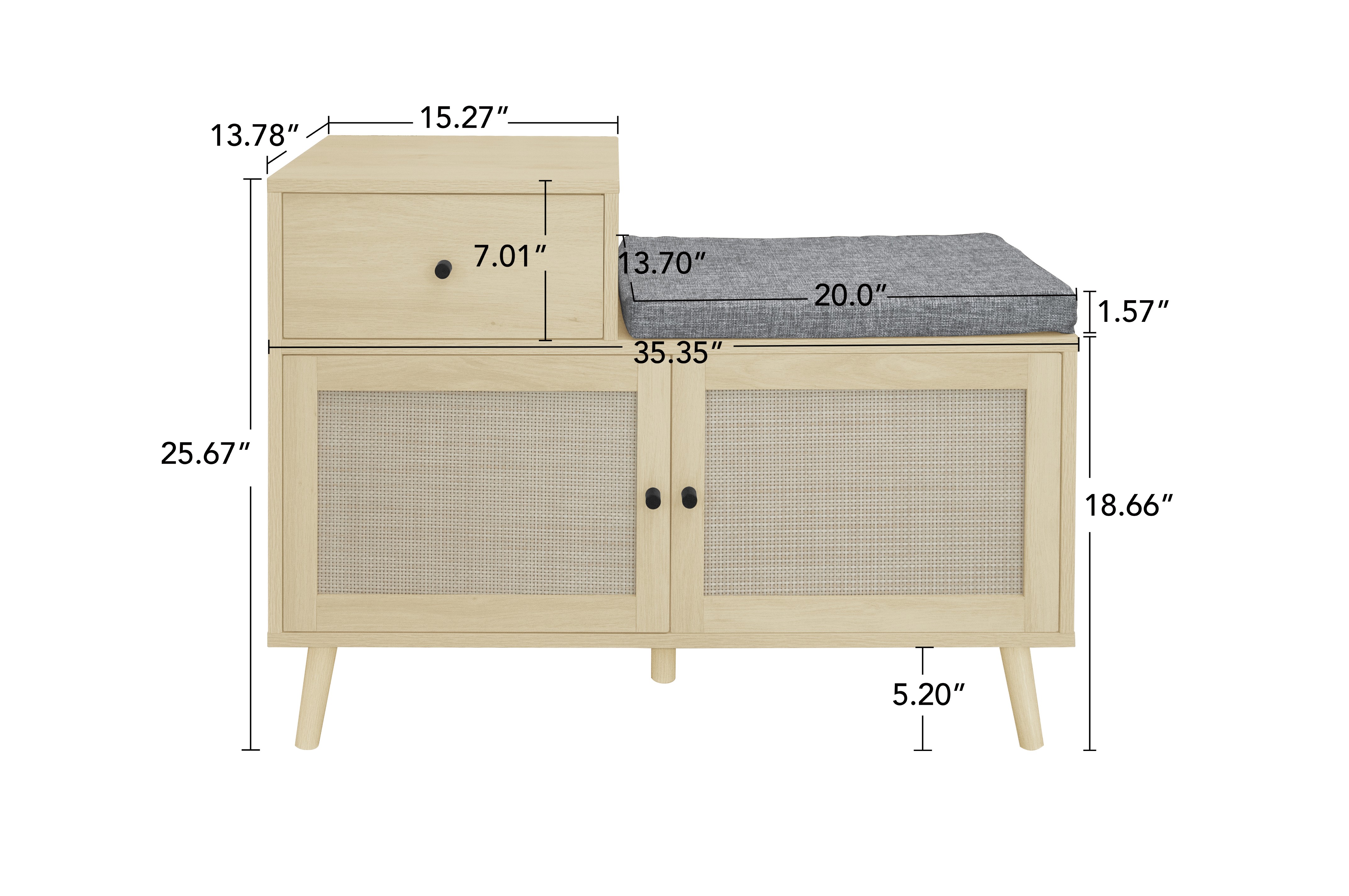 Ein Holzschrank mit Schublade und Türen, mit einem grauen Kissen oben und Maßen.