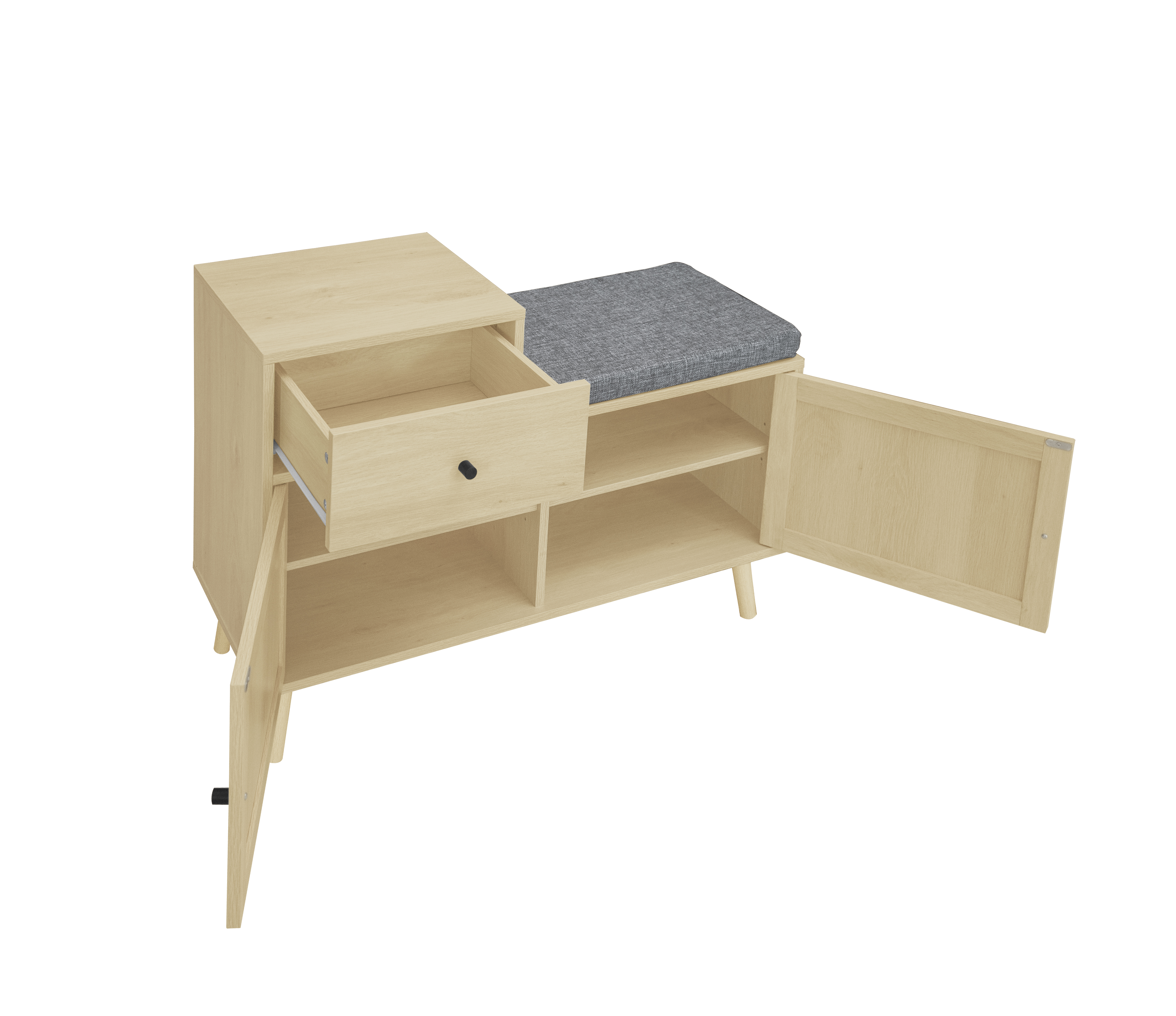 Schuhbank aus Holz mit offener Schublade, offenen Schranktüren und grauem Kissen.