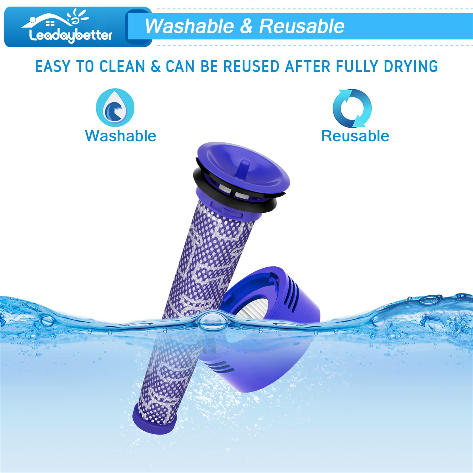 Blau-weißer Staubsaugerfilter in Wasser getaucht, mit dem Text "Washable & Reusable".