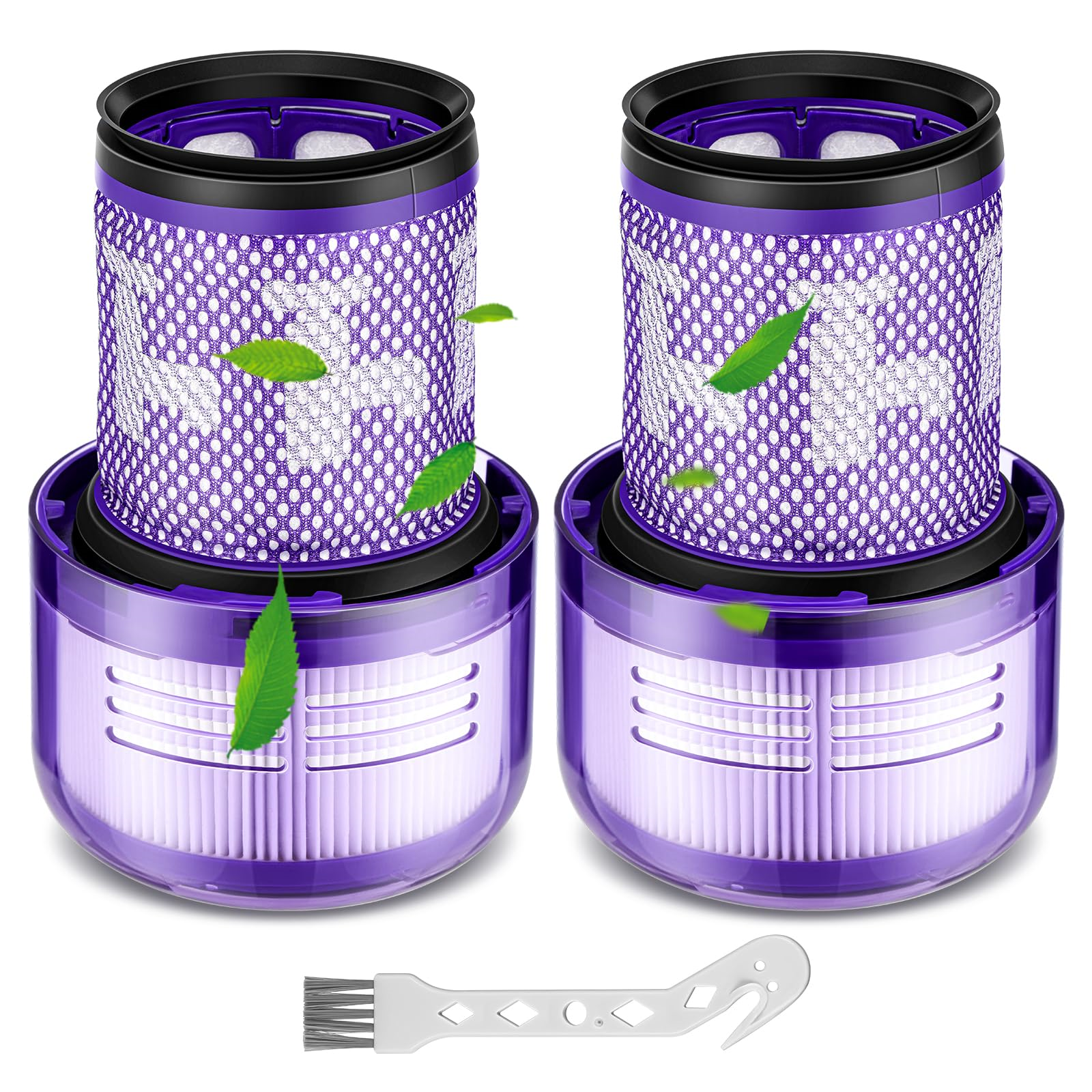 Zwei violette Staubsaugerfilter mit Bürste und kleinen grünen Blättern.