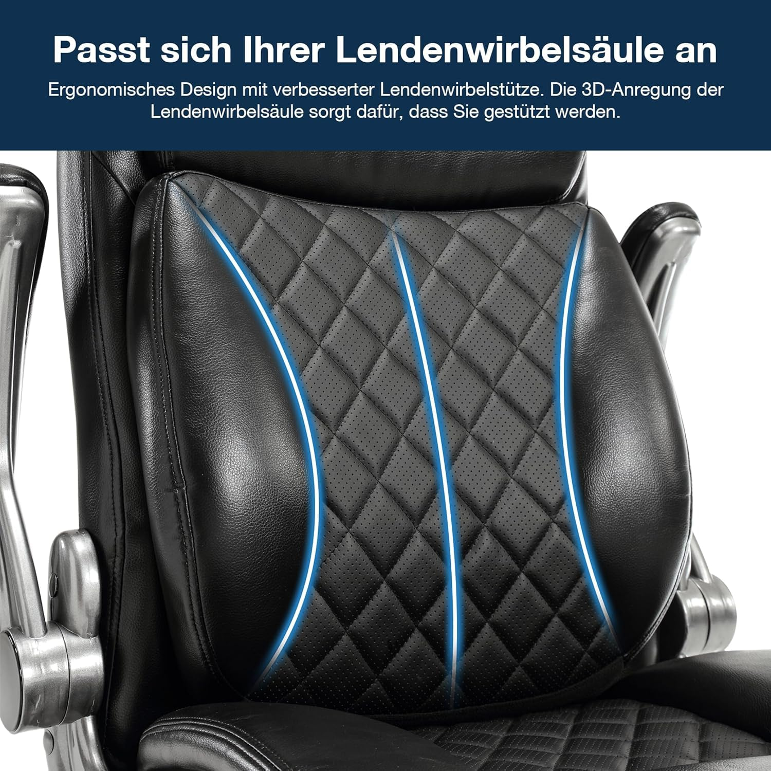 Nahaufnahme der schwarzen Bürostuhlrückenlehne mit Linien, die die Stütze hervorheben.