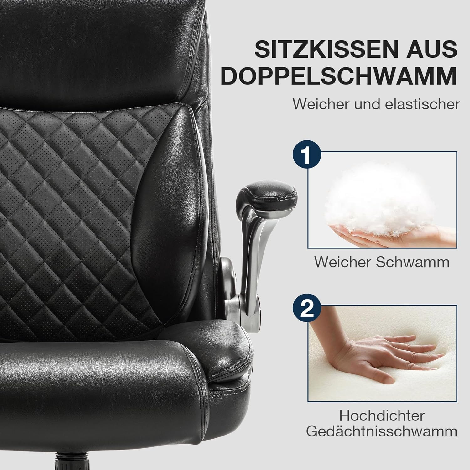 Schwarzer Bürostuhl Detail: gesteppte Rückenlehne, Armlehne und Nahaufnahme des Schaums.