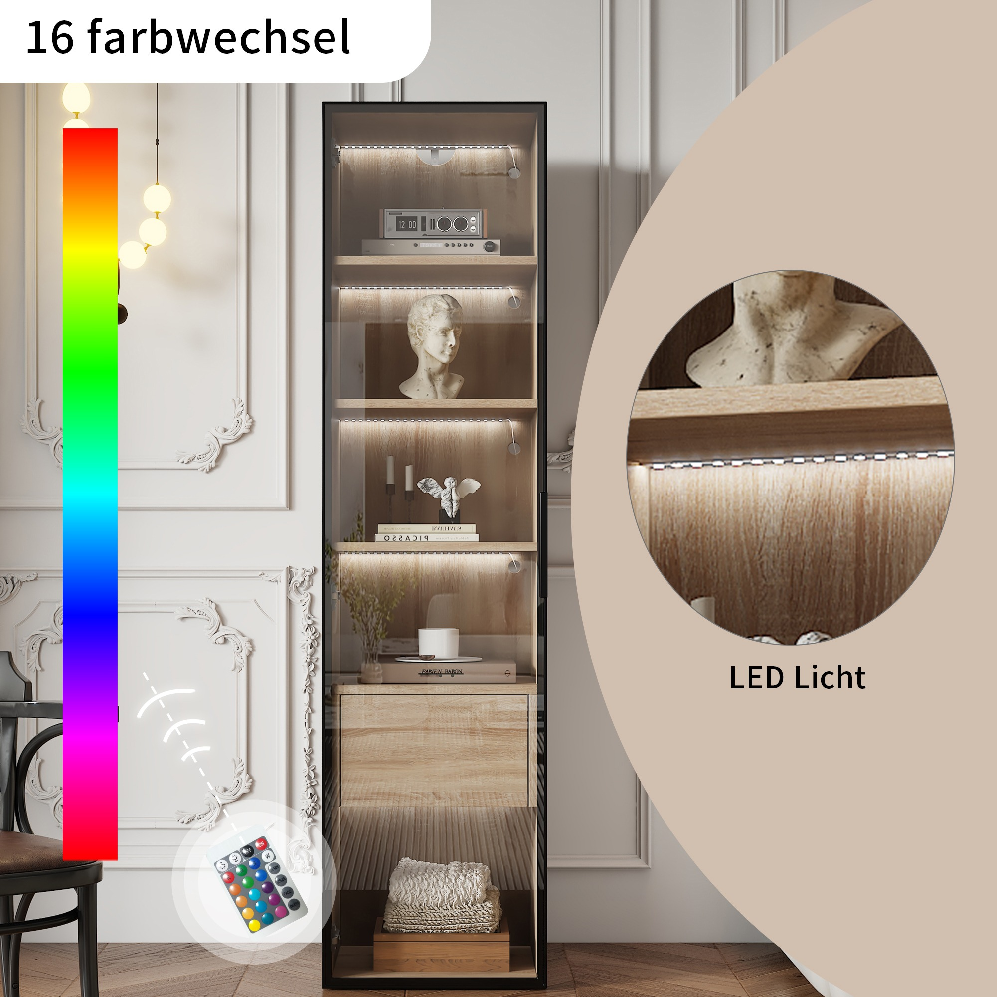 Holzschrank mit LED-Lichtern, Regalen und Fernbedienung. Enthält Dekorationsartikel und eine Statue.