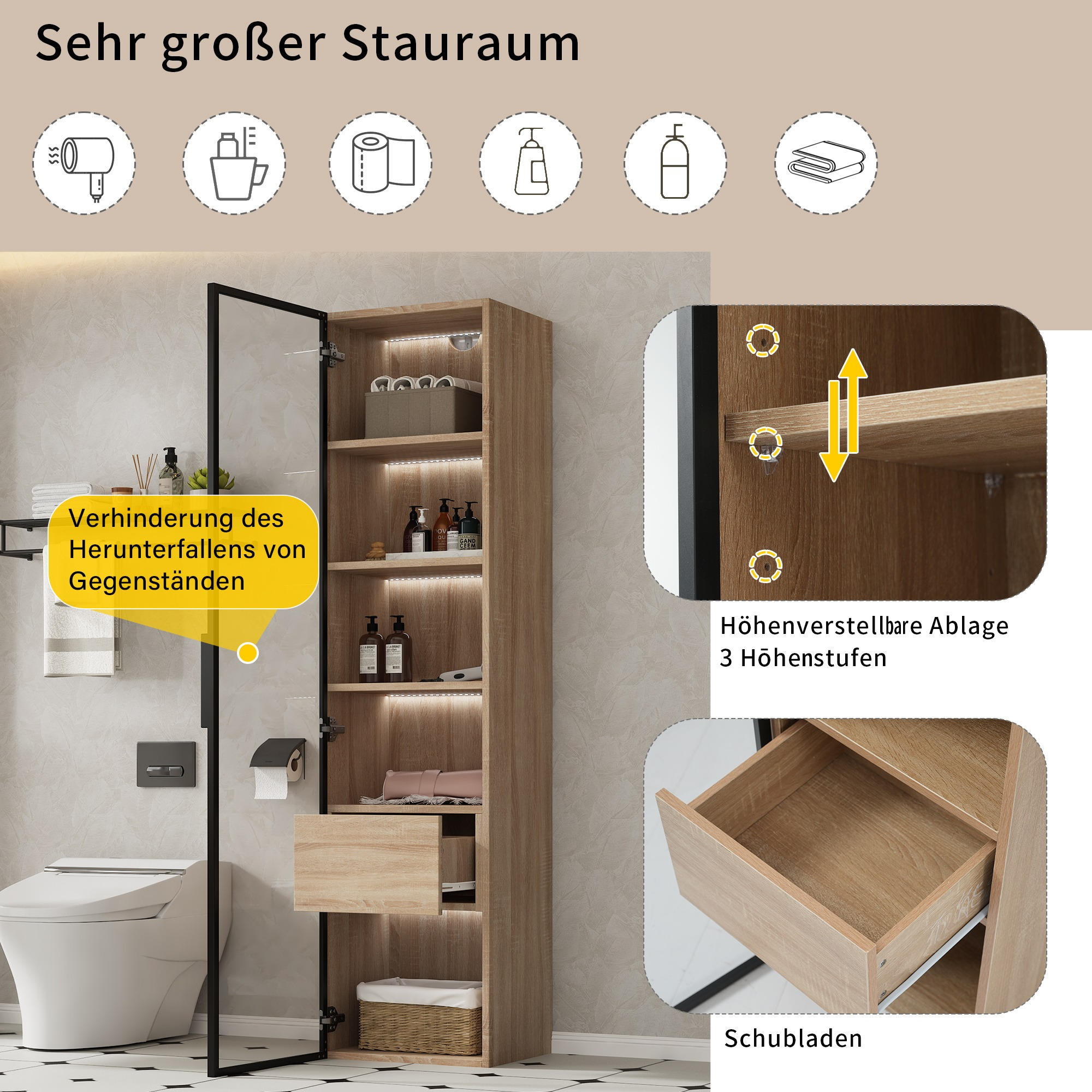 Hoher Holzschrank im Badezimmer mit Regalen, einer Schublade und Details von Gegenständen.