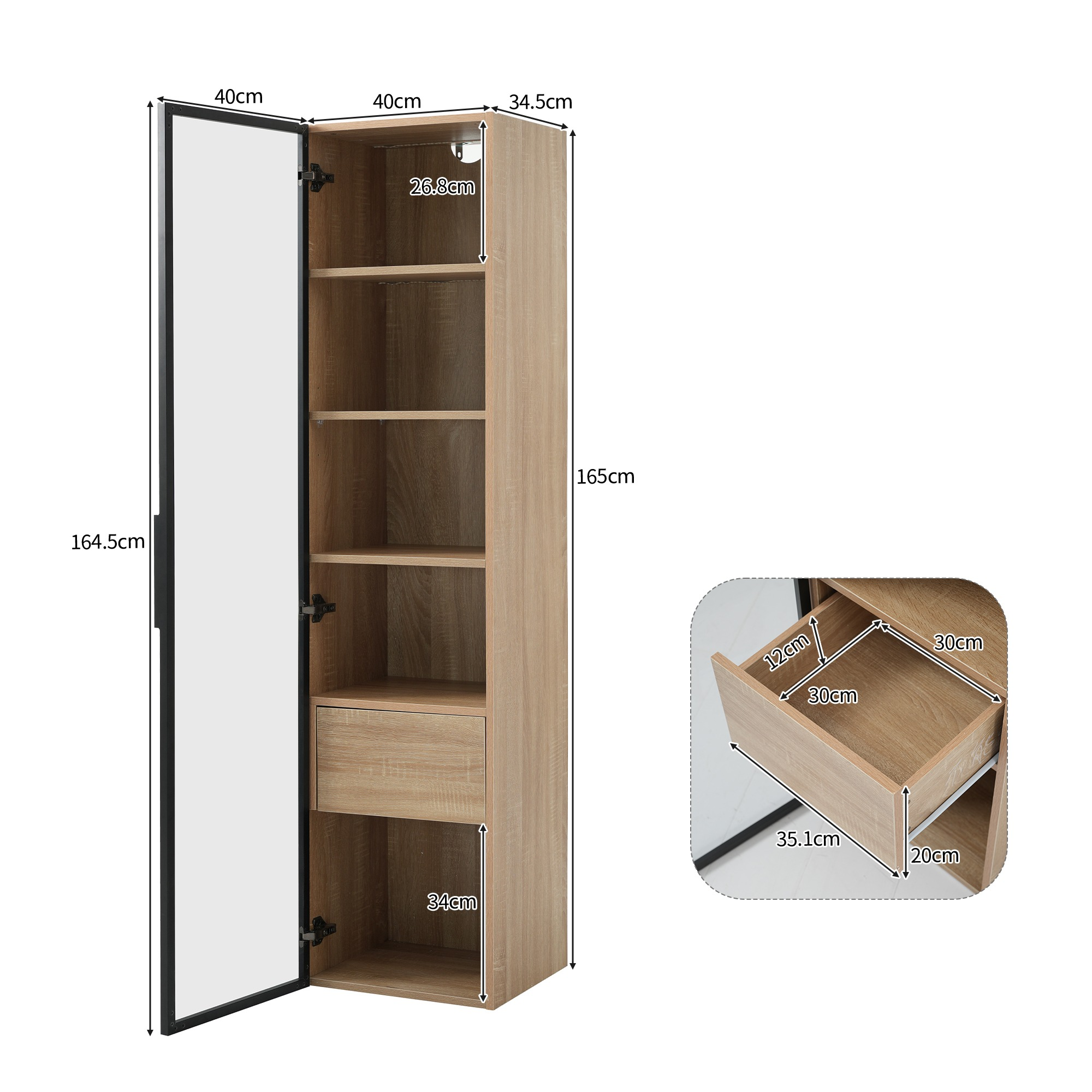 Hoher Holzschrank mit Spiegeltür und Abmessungen. Er hat Regale und eine Schublade.