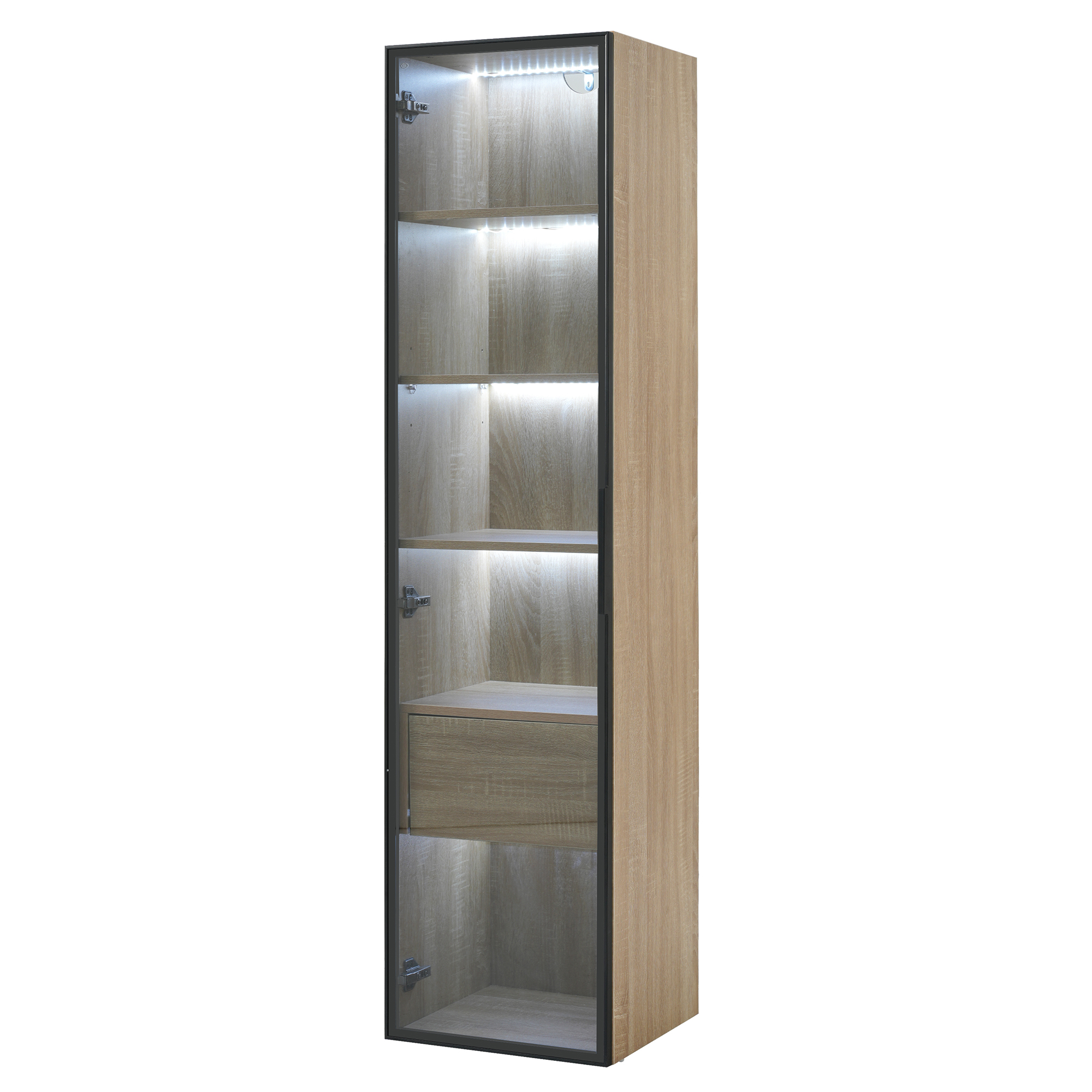 Ein hoher Holzschrank mit Glastüren. Der Schrank hat Regale und eine Schublade.