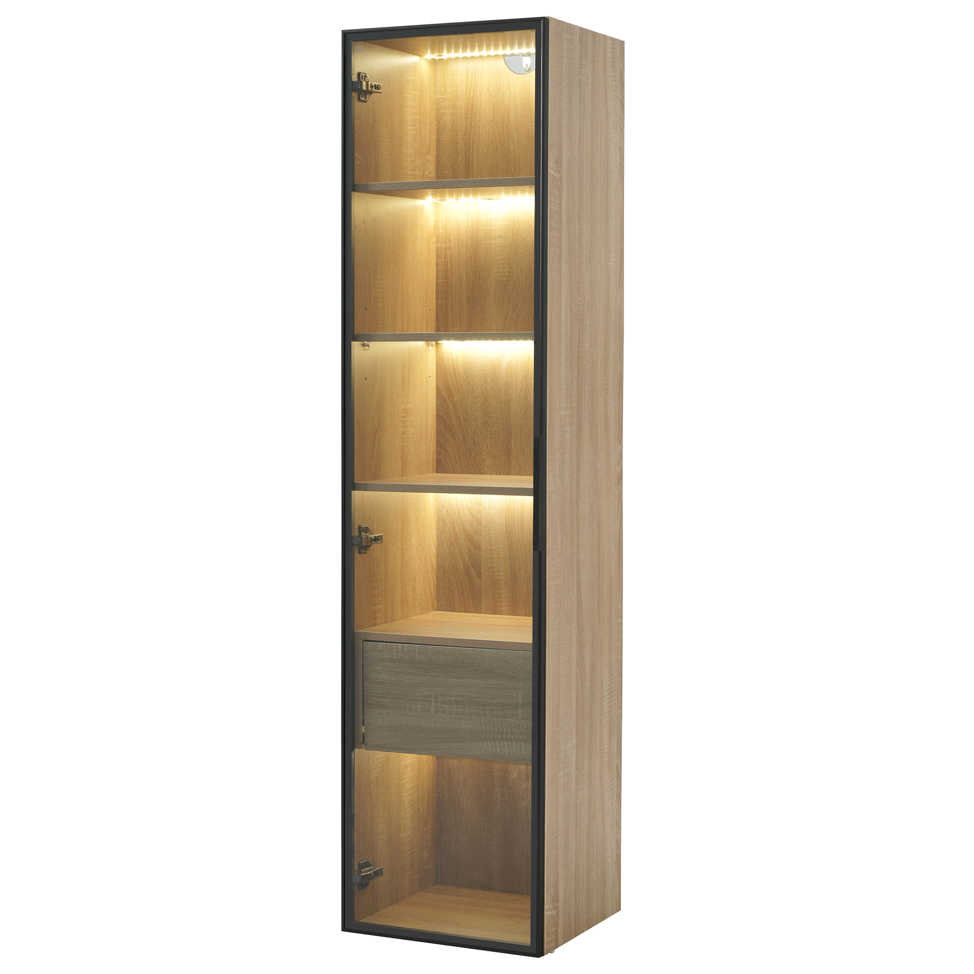 Holzschrank mit LED-Beleuchtung, Regalen und einer Schublade. Er hat eine Glasfront.