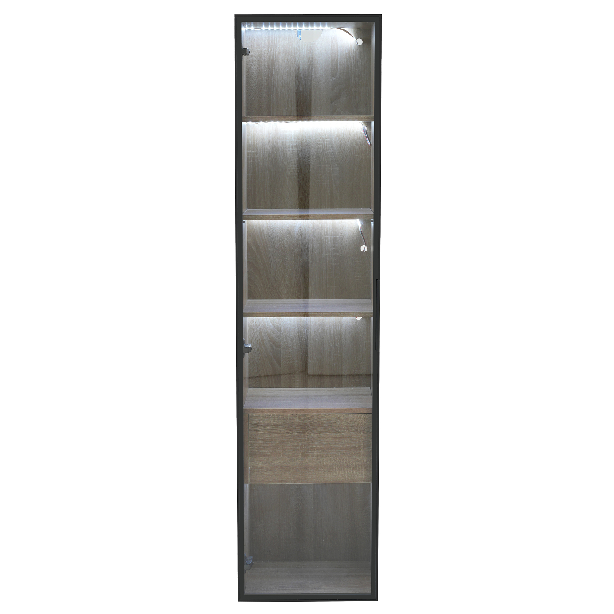 Ein hoher, schmaler Schrank mit Glastüren und Innenbeleuchtung.