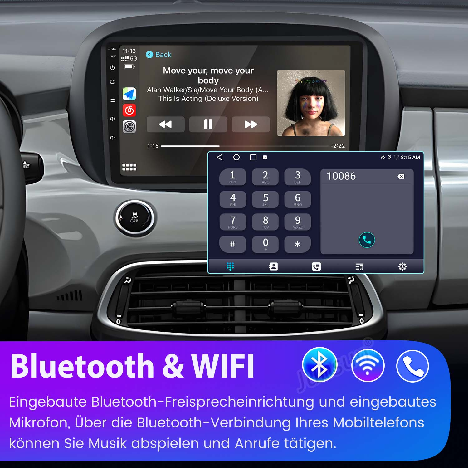 Deska rozdzielcza samochodu z ekranem muzyki i klawiaturą telefonu, ikonami Bluetooth i WiFi.