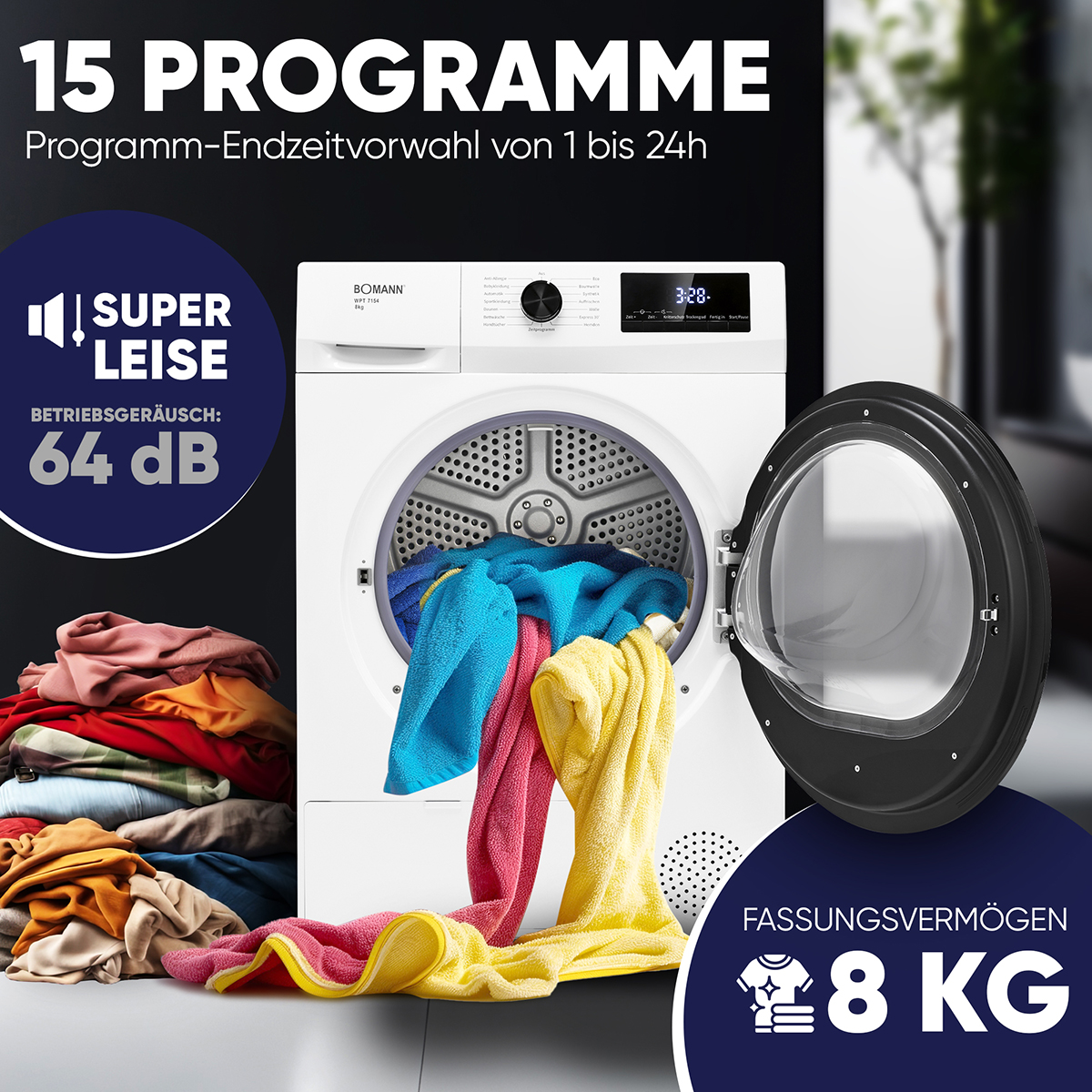Eine Waschmaschine mit Kleidung darin, mit Text auf Deutsch.