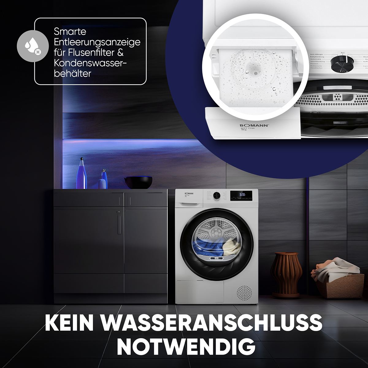 Eine weiße Waschmaschine und ein Trockner, mit einer Textblase über kein Wasser benötigt.