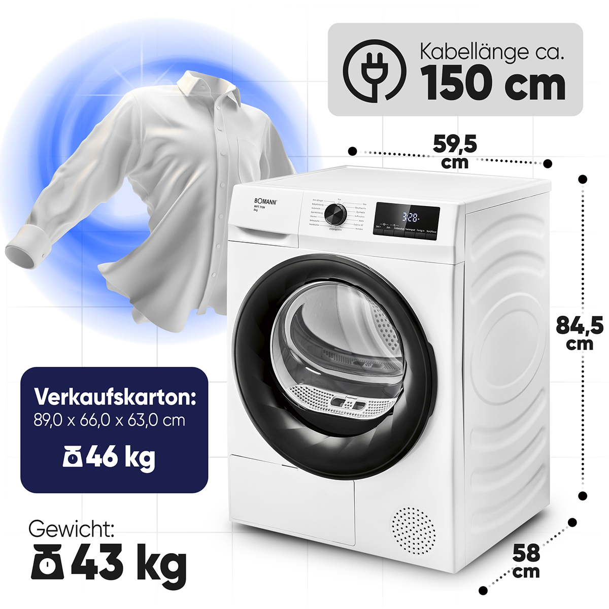 Weißer Trockner mit angezeigten Abmessungen. Ein weißes Hemd schwebt in der Nähe. Maße in Zentimetern.