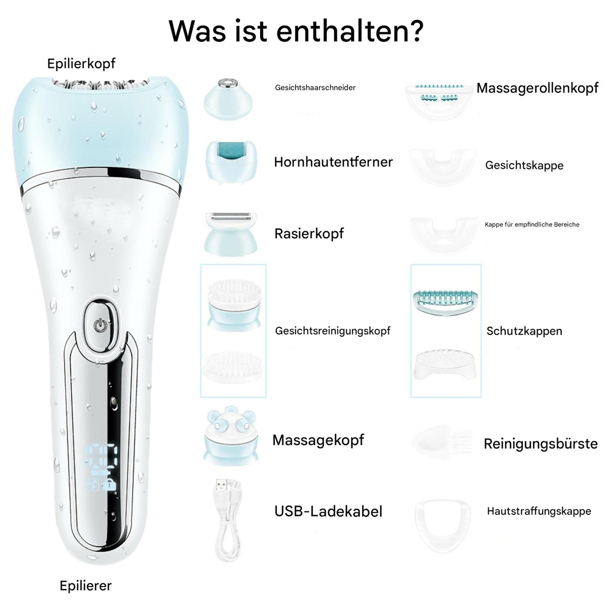 Weiß-blauer Epilierer mit vielen Aufsätzen. Enthält Köpfe zum Rasieren, Massieren und zur Gesichtsreinigung.