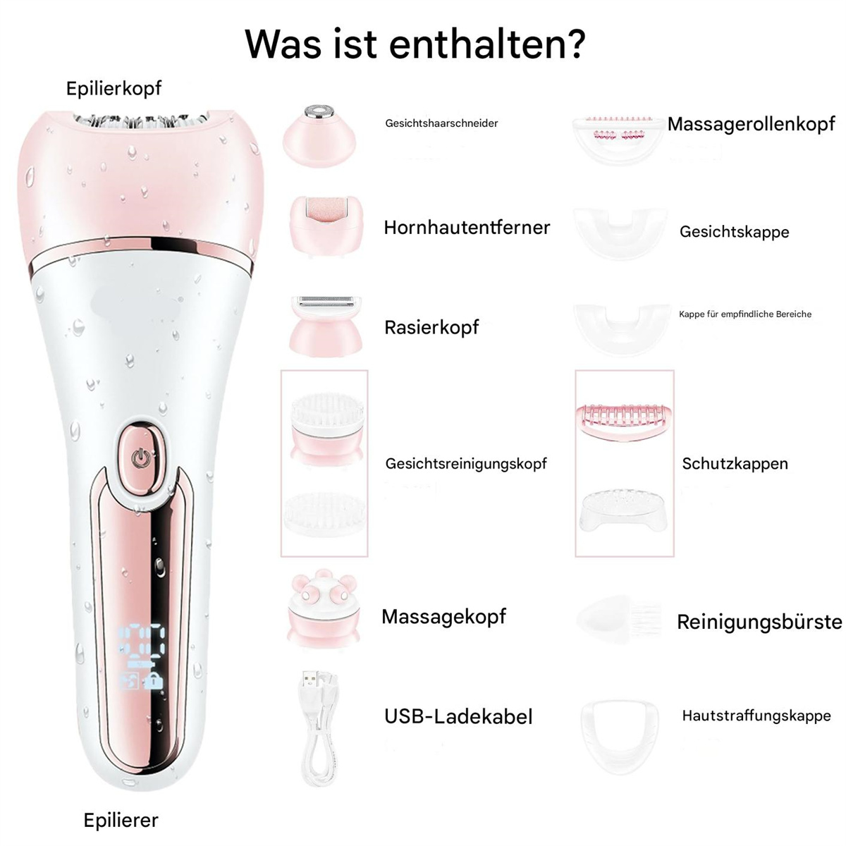 Rosa-weißer Epilierer mit vielen Aufsätzen. Enthält Köpfe zum Rasieren, Massieren und zur Gesichtsreinigung.