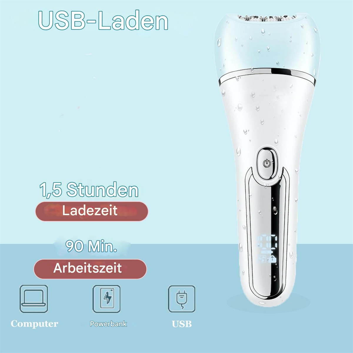 Weiß-blauer Epilierer mit USB-Ladekabel und Symbolen. 1,5 Stunden Ladezeit und 90 Minuten Nutzungsdauer.