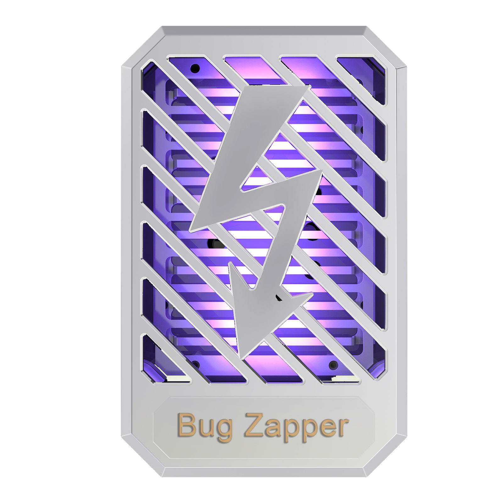 Ein weißer Insektenvernichter mit silbernem Rahmen, der ein Blitzdesign und den Text 'Bug Zapper' zeigt.