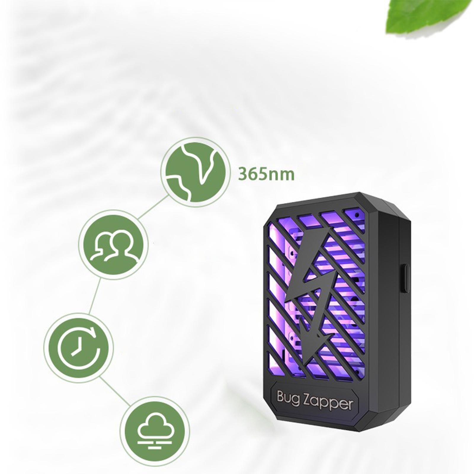 Ein schwarzer Insektenvernichter mit lila Gitter und Blitzsymbol, mit 365nm Text und Symbolen.