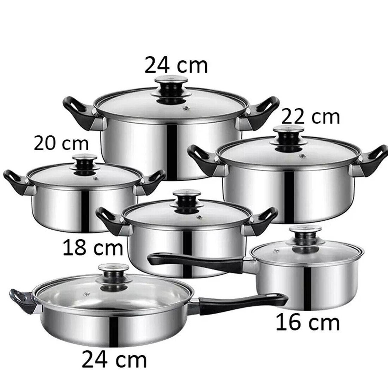 Edelstahltöpfe und -pfannen-Set mit Glasdeckeln, Größenbeschriftung.