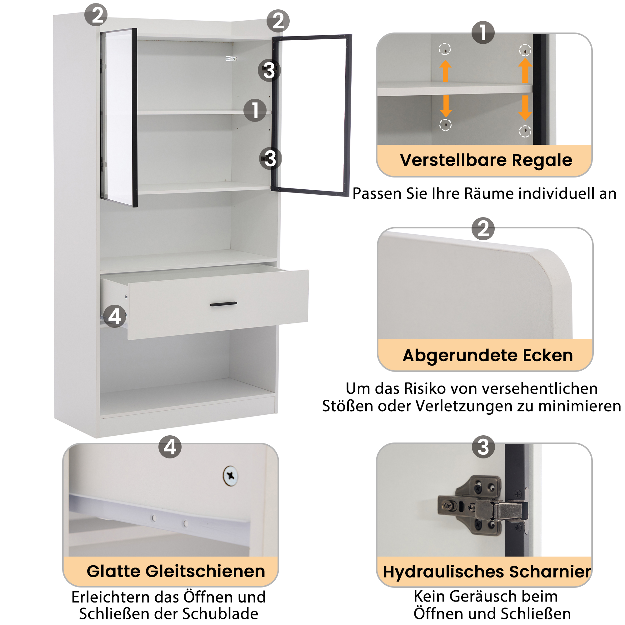 Ein weißer Schrank mit Schublade und Glastüren. Details zeigen verstellbare Regale und abgerundete Ecken.