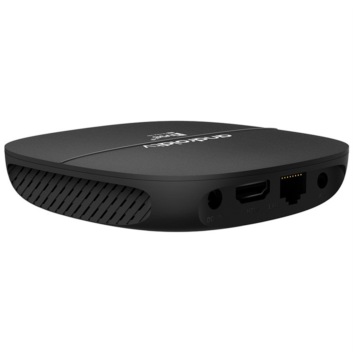 Schwarze Android TV-Box mit Anschlüssen. Weißer Hintergrund.