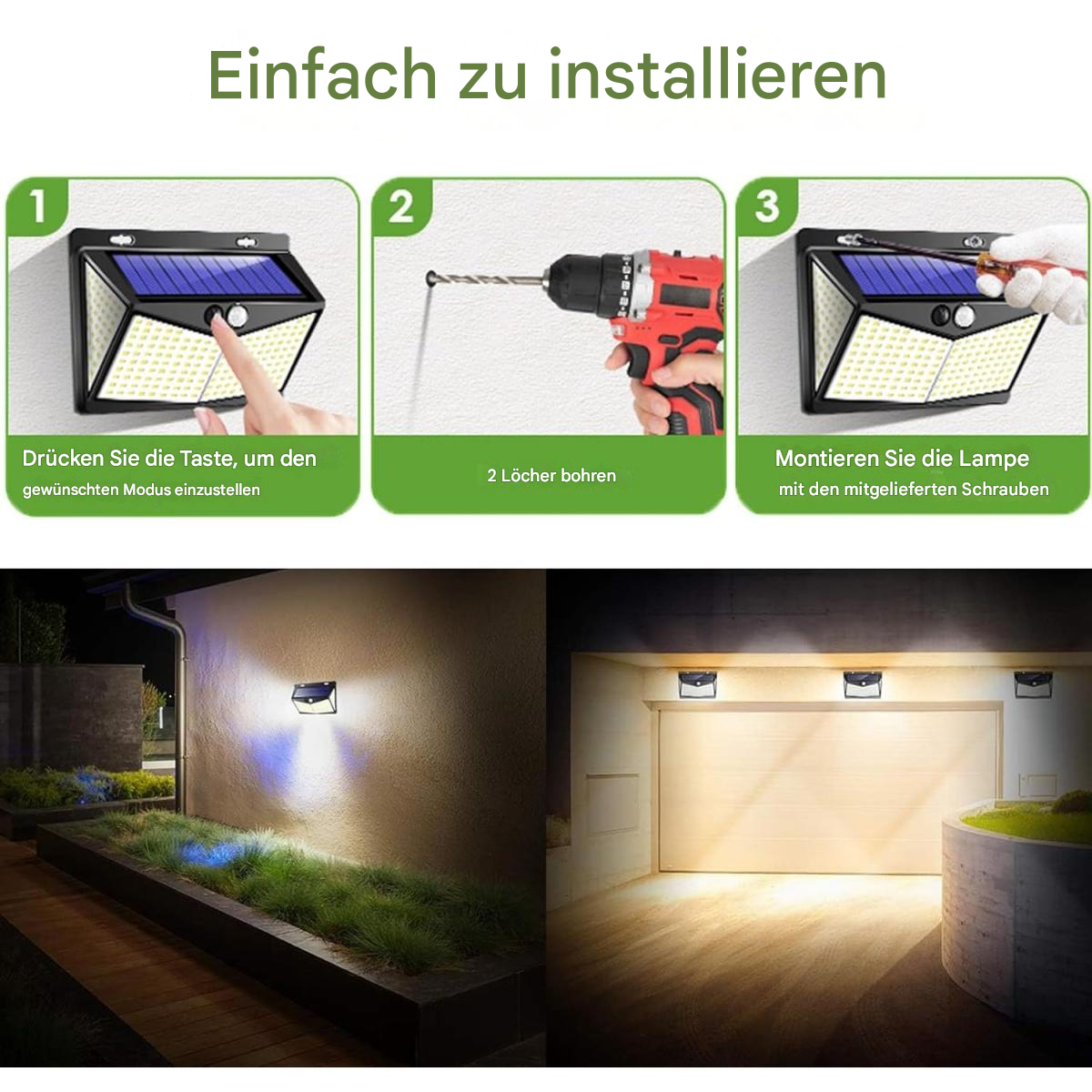 Drei Schritte zur Installation einer Außenleuchte. Der Vorgang wird mit Text gezeigt.
