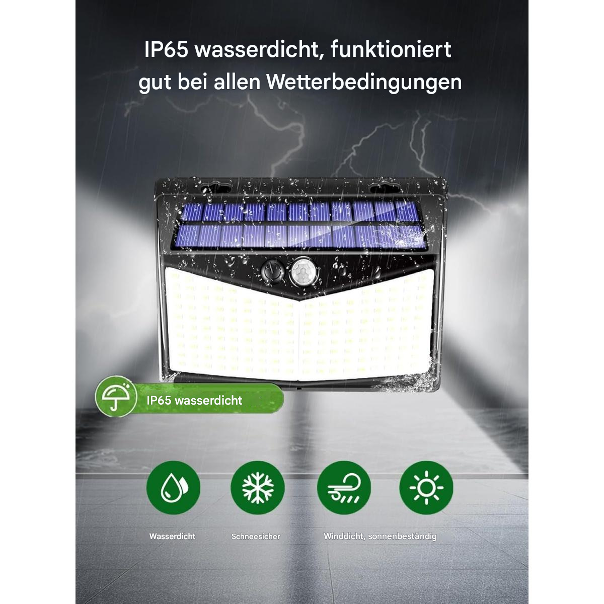 Nahaufnahme einer schwarzen Solarleuchte. Text sagt, es ist wasserdicht und funktioniert bei allen Wetterbedingungen.