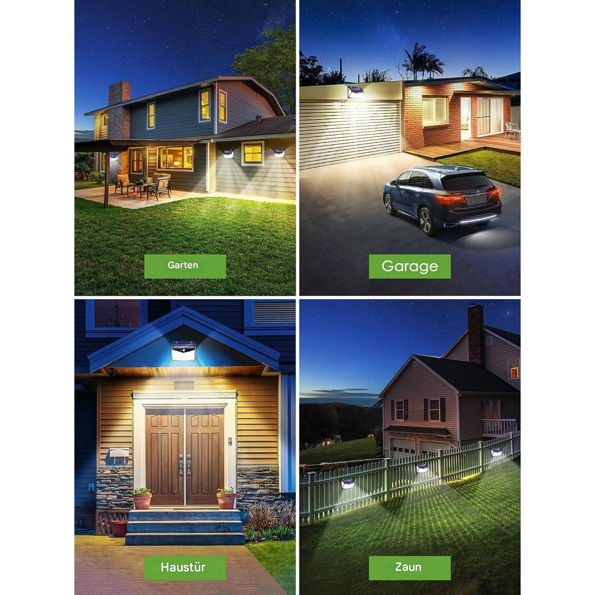 Vier Bilder, die Häuser mit Solarleuchten zeigen. Sie sind beschriftet: 'Garten', 'Garage', 'Haustür', 'Zaun'.
