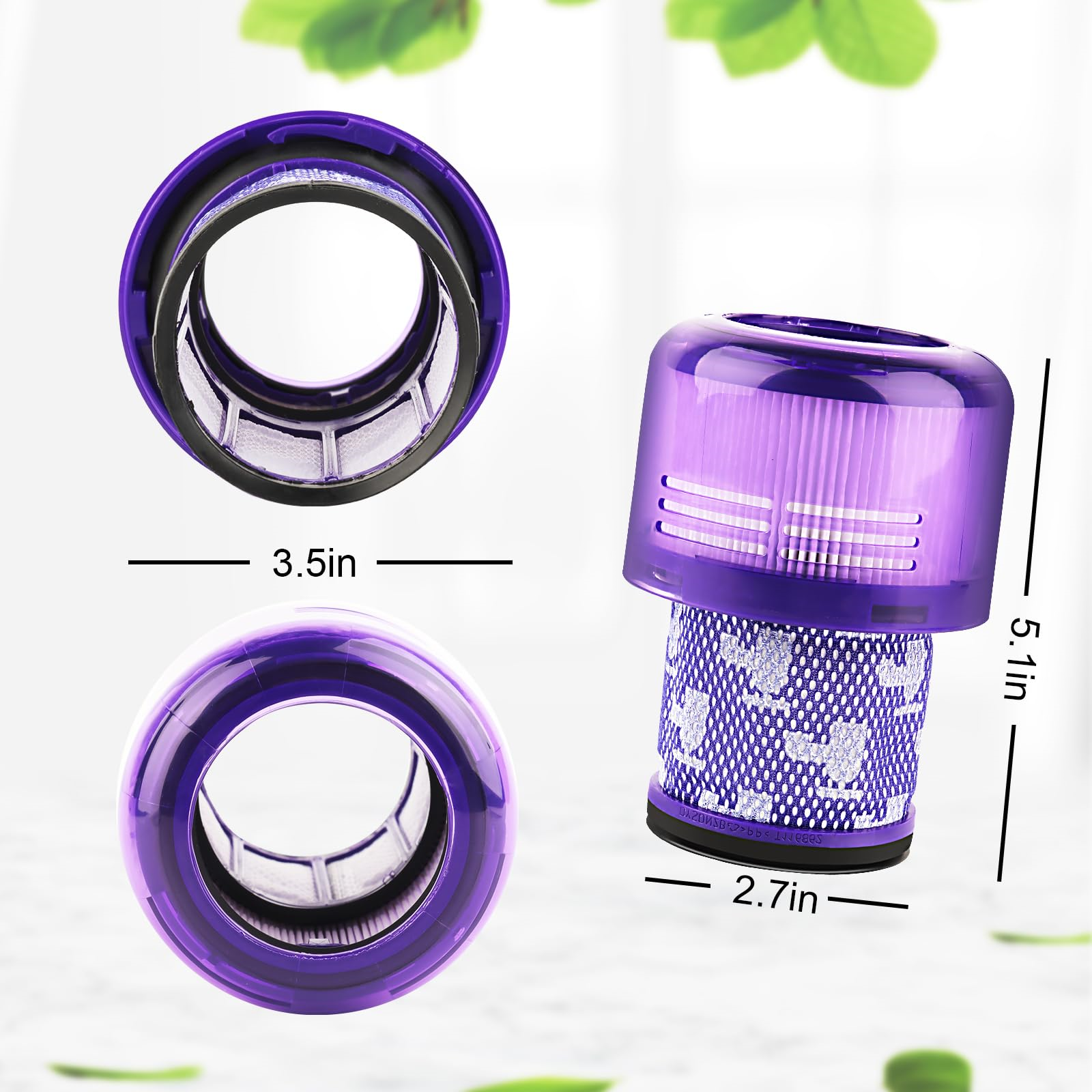 Drei Ansichten eines lila Staubsaugerfilters. Abmessungen sind enthalten: 3,5 Zoll, 2,7 Zoll und 5,1 Zoll.