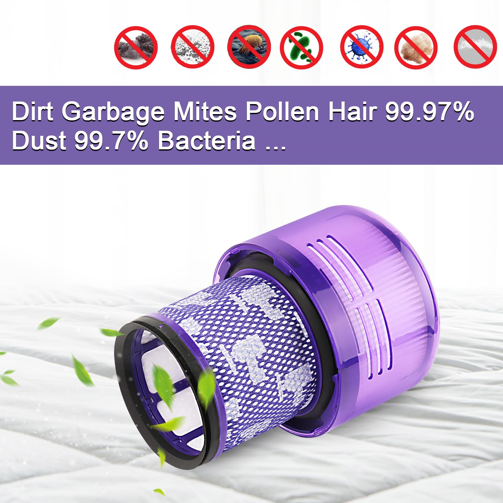 Staubsaugerfilter mit Text, der die Fähigkeit des Filters zeigt, Staub, Pollen usw. zu entfernen.