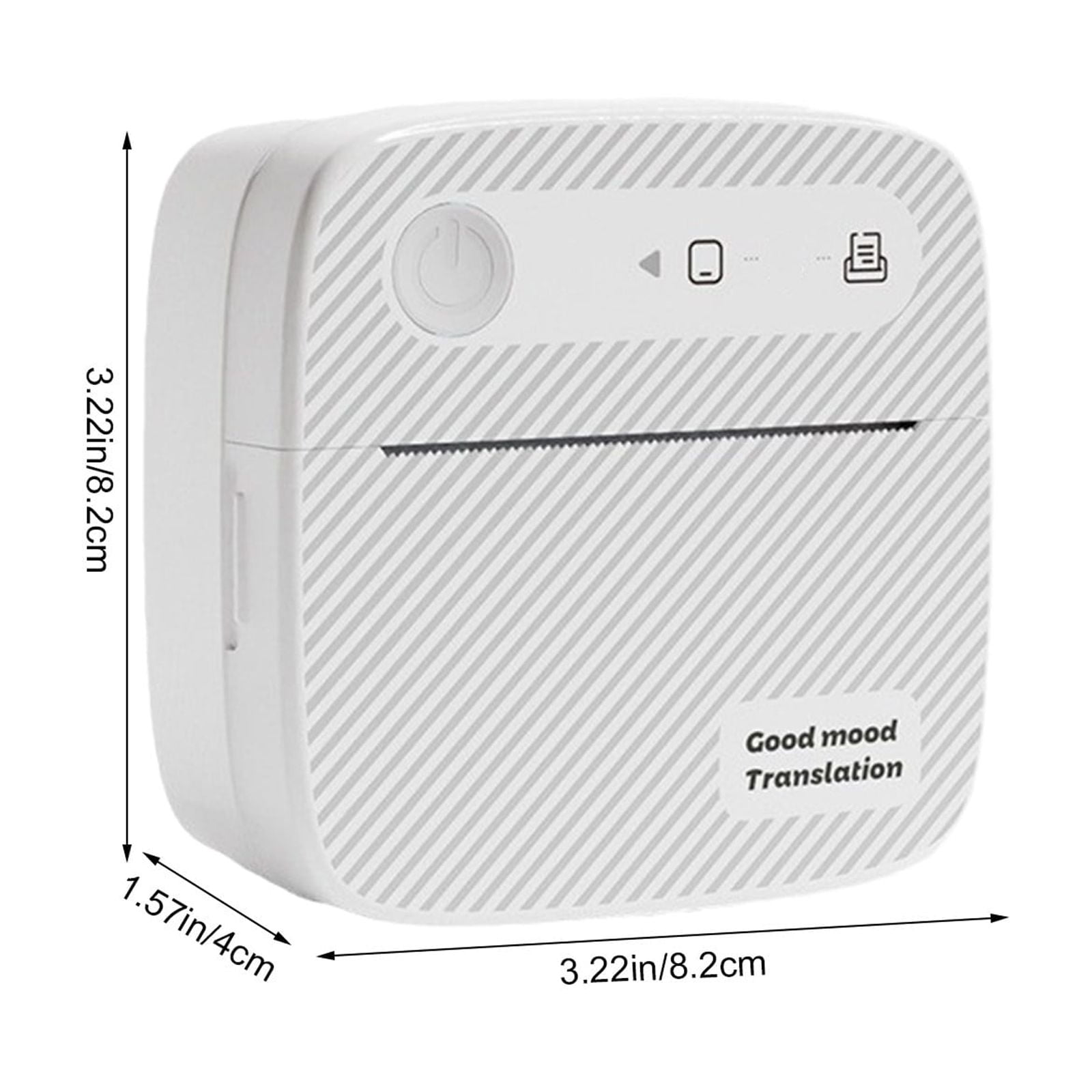 Ein weißer Etikettendrucker. Die Abmessungen sind enthalten: 3,22 Zoll/8,2 cm, 1,57 Zoll/4 cm.