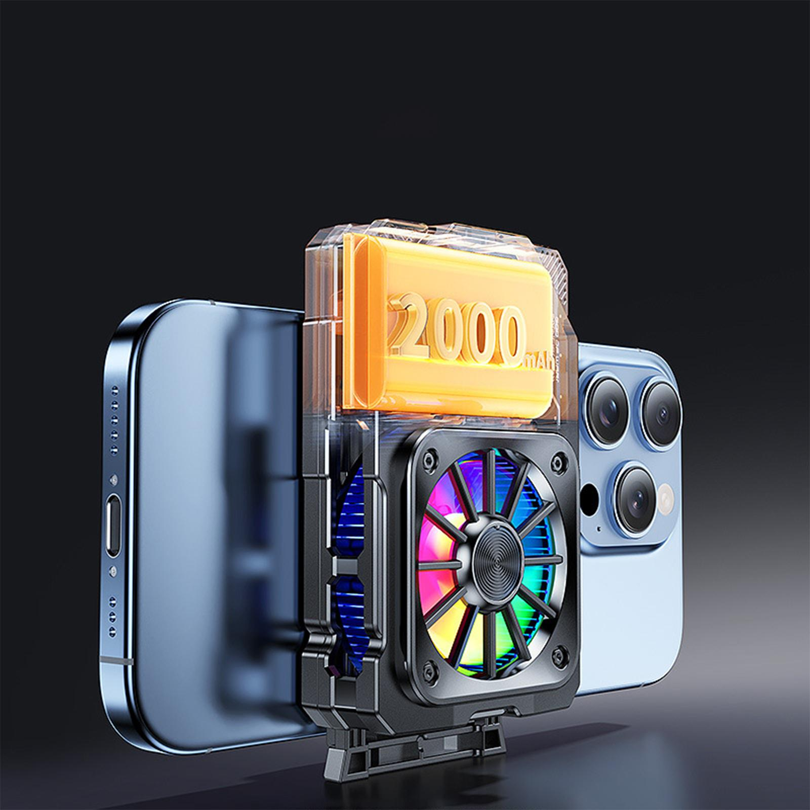Ein Telefon mit einem Kühlventilator. Der Lüfter hat ein mehrfarbiges Licht. Eine 2000-mAh-Batterie ist ebenfalls am Telefon befestigt.