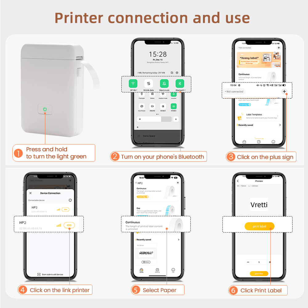 Sequenz, die die Schritte zur Drucker-Verbindung zeigt: Bluetooth, App, Papierauswahl und Drucken.