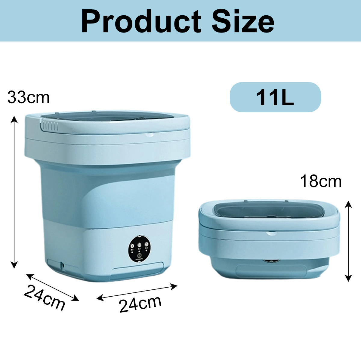 Zwei gefaltete blaue Waschmaschinen. Die Abmessungen sind beschriftet. 33 cm hoch, 24 cm breit und 11 l Fassungsvermögen für die größere.