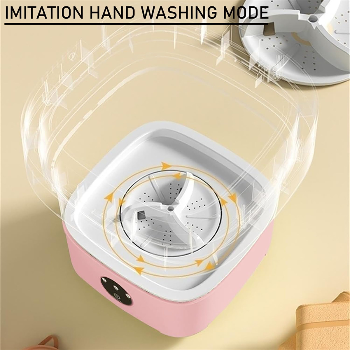 Rosa Mini-Waschmaschine mit transparentem Deckel, die den Handwaschmodus simuliert.