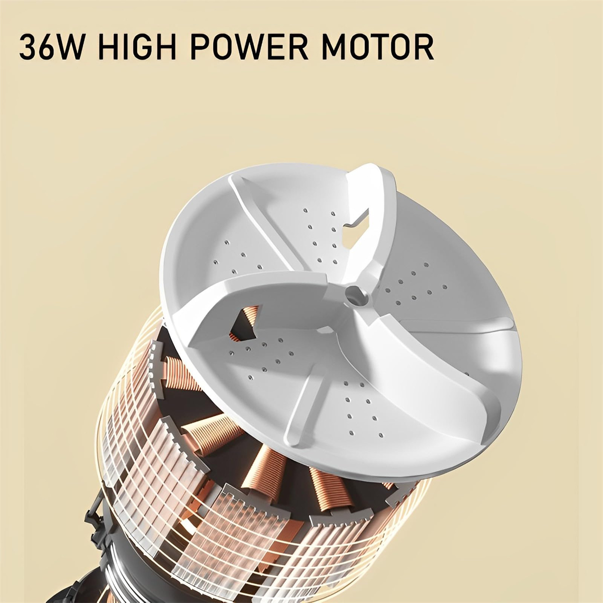 Hochleistungsmotor mit weißen Lüfterblättern. Der Motor verfügt über Kupferspulen und ein kreisförmiges Design.