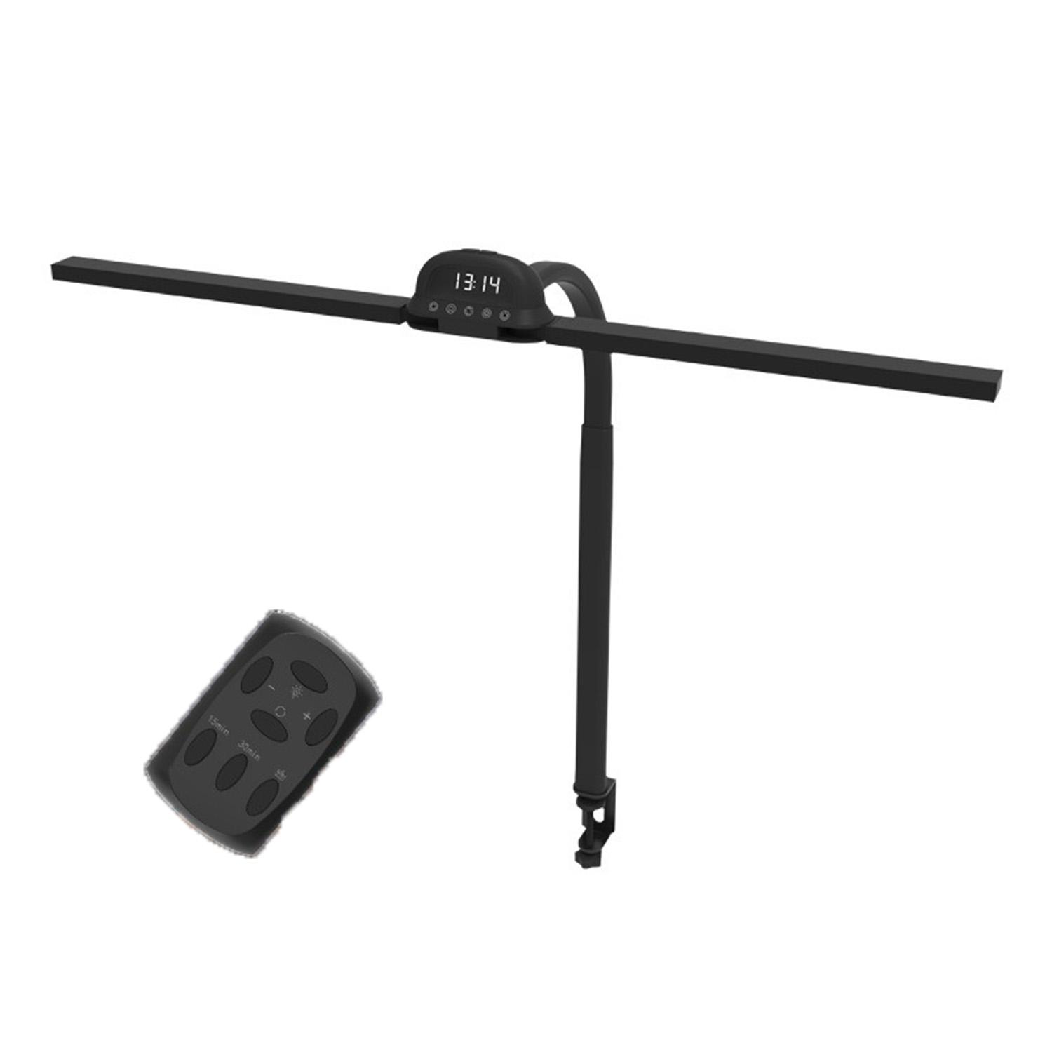 Schwarze Schreibtischlampe mit Fernbedienung. Die Lampe hat T-Form mit digitaler Uhranzeige.