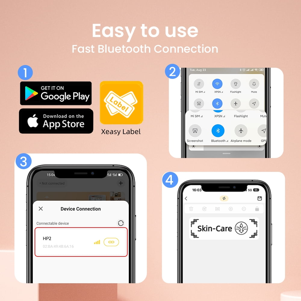 Schritte zur Verwendung: Bluetooth-Verbindung, App, Geräteverbindung und Etikettenerstellung auf einem Telefon.