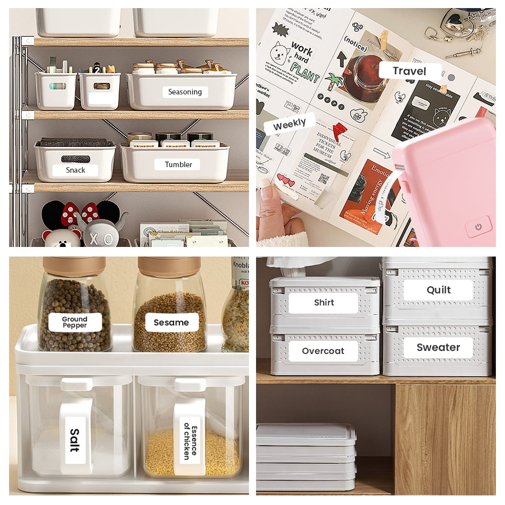 Verschiedene beschriftete Behälter und Aufbewahrungsboxen auf Regalen, zusammen mit Aufklebern und einem Drucker.
