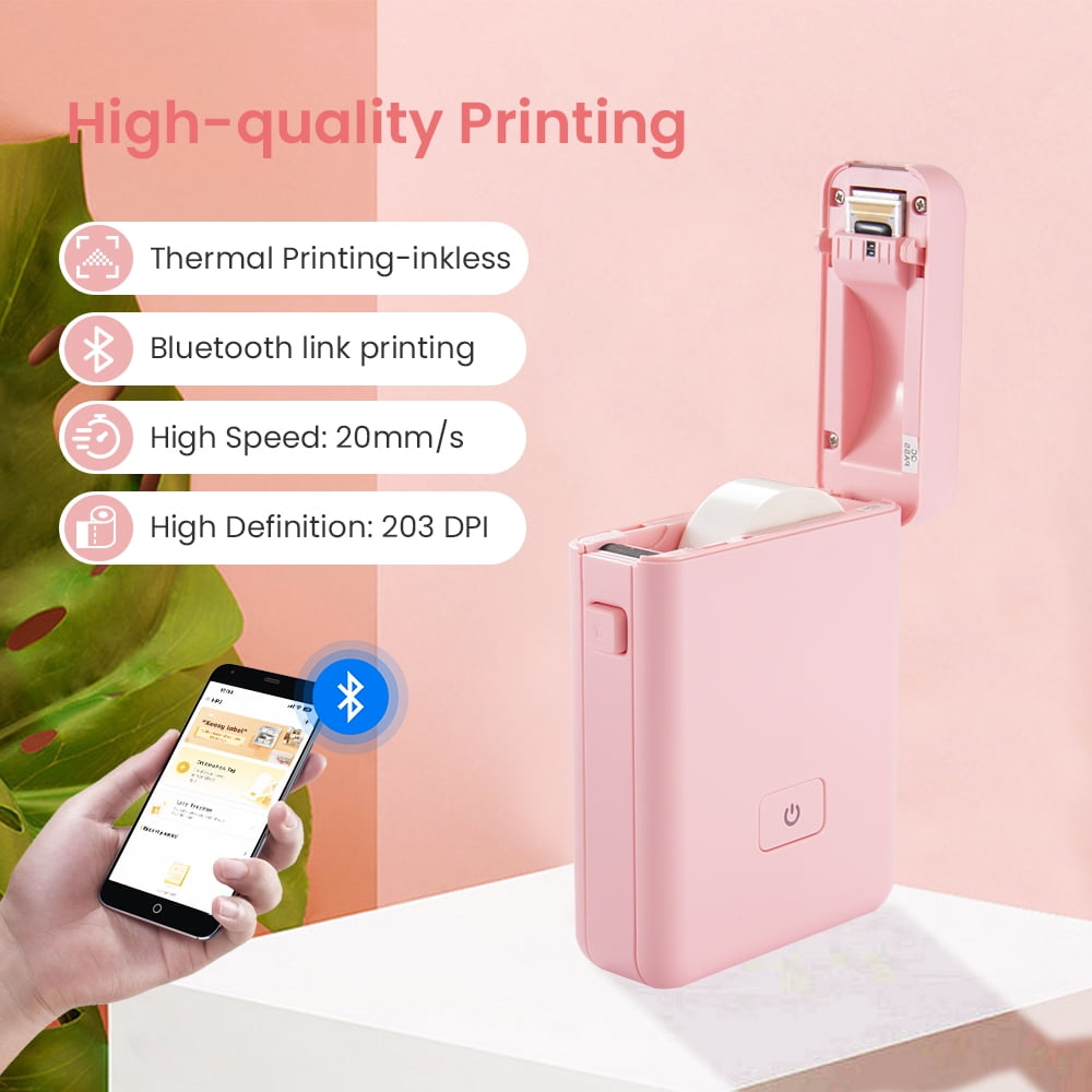 Ein pinkfarbener tragbarer Drucker mit einem Telefon, das eine Bluetooth-Verbindung und gedruckte Etiketten zeigt.