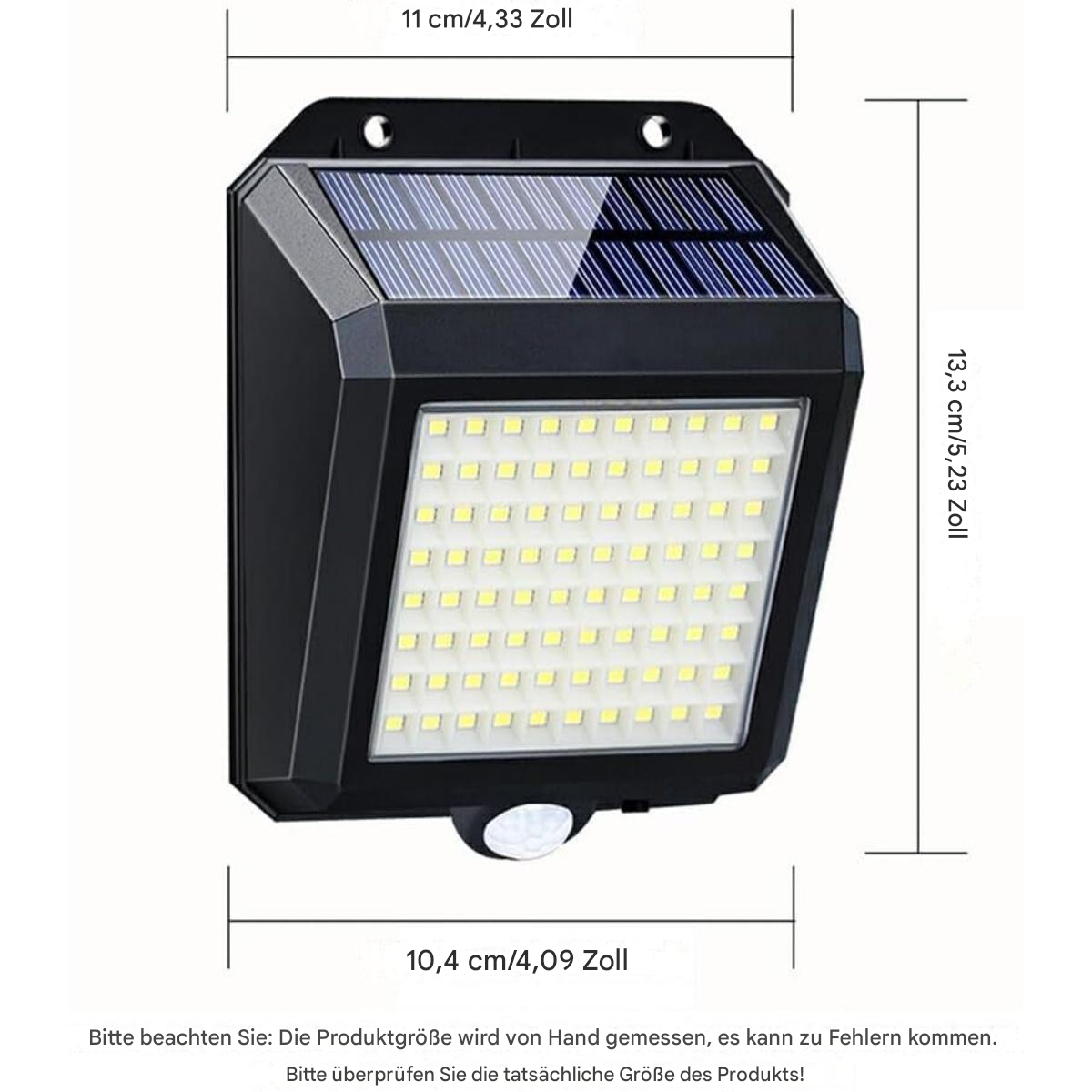 Schwarze Solarleuchte, Abmessungen in cm/Zoll angegeben. Hat viele kleine LEDs, Solarpanel und Sensor.