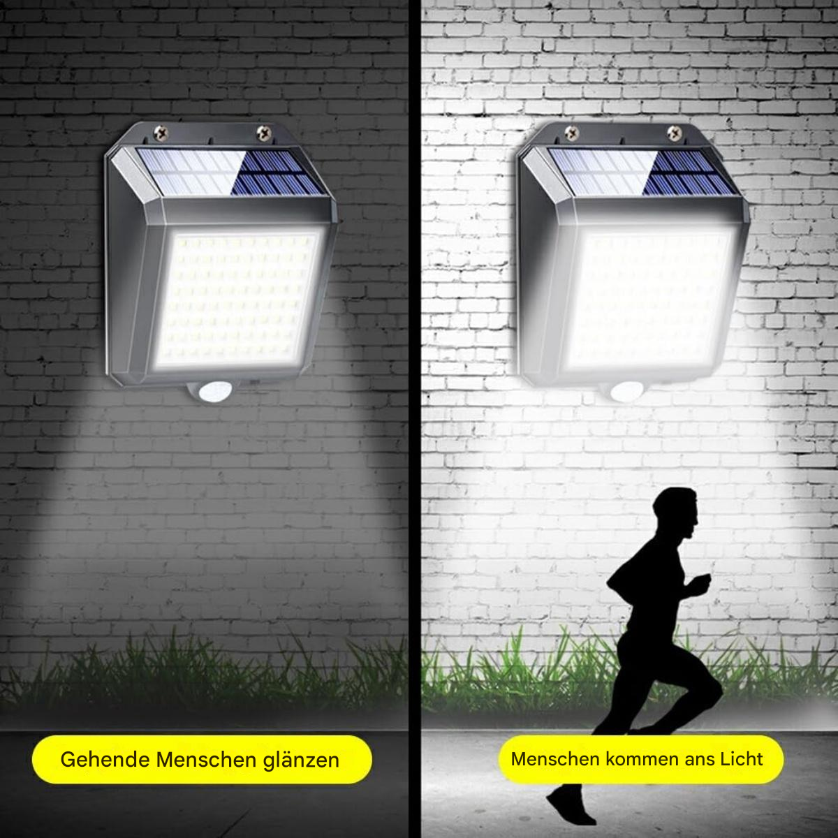 Zwei solarbetriebene Wandleuchten, eine beleuchtet, mit Text auf Deutsch über Menschen und Licht.