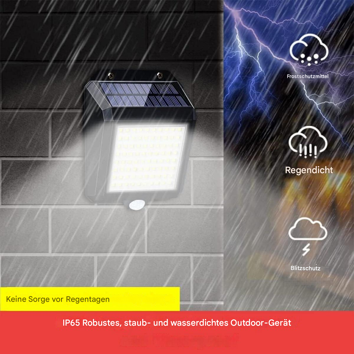 Schwarze Solarleuchte an einer Backsteinmauer, mit Regen- und Blitzsymbolen und dem Text 'IP65'.