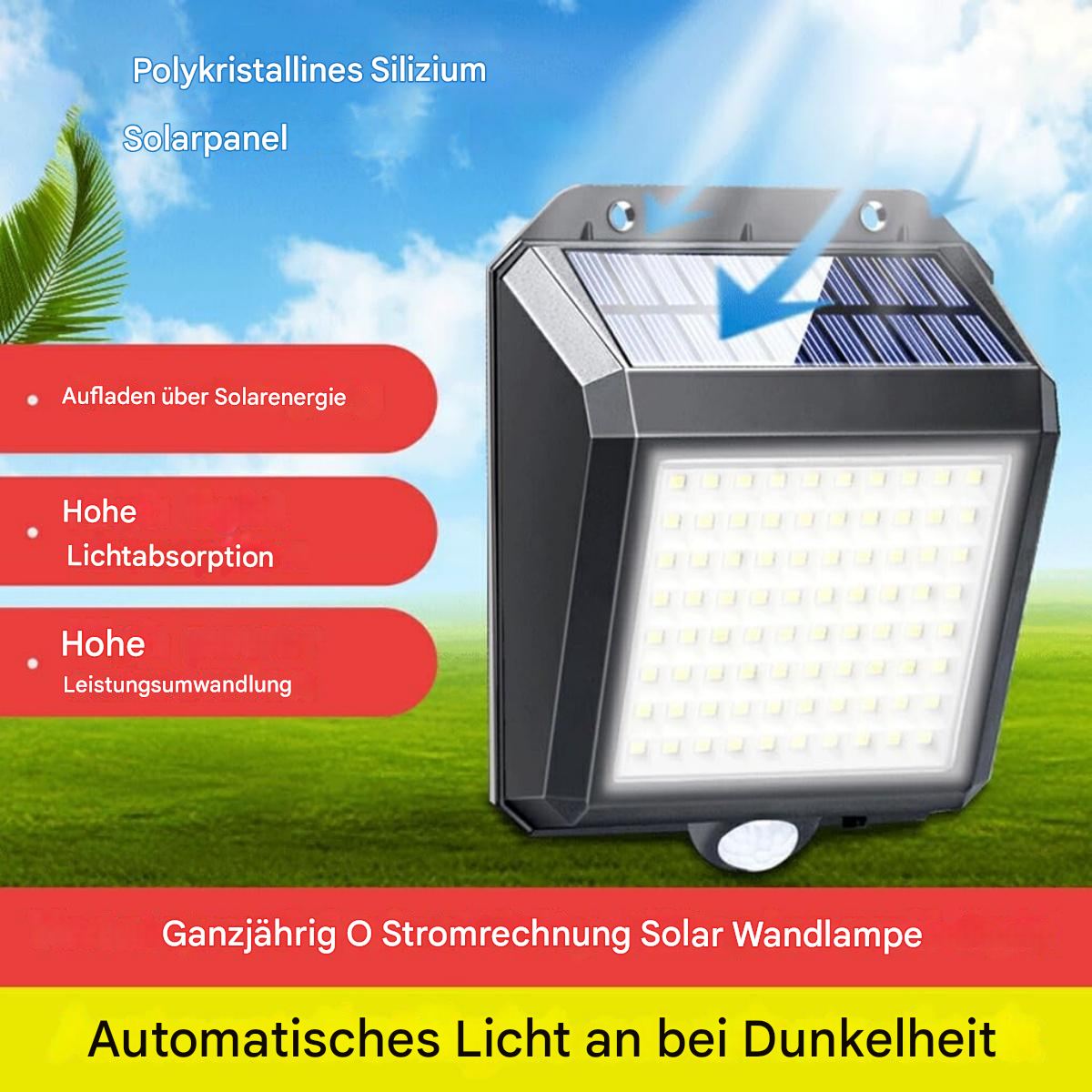 Ein Solarpanel und eine Solar-Wandleuchte mit Text, der ihre Eigenschaften beschreibt, einschließlich Solarladung und Lichtabsorption.