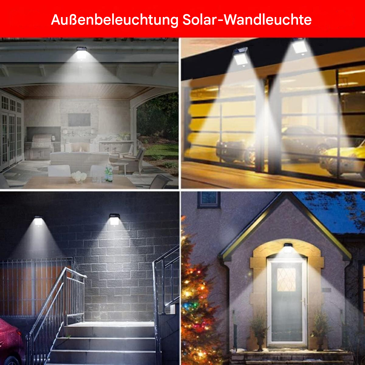 Solar-Wandleuchten beleuchten verschiedene Szenen: einen Hauseingang, eine Garage und eine Treppe.