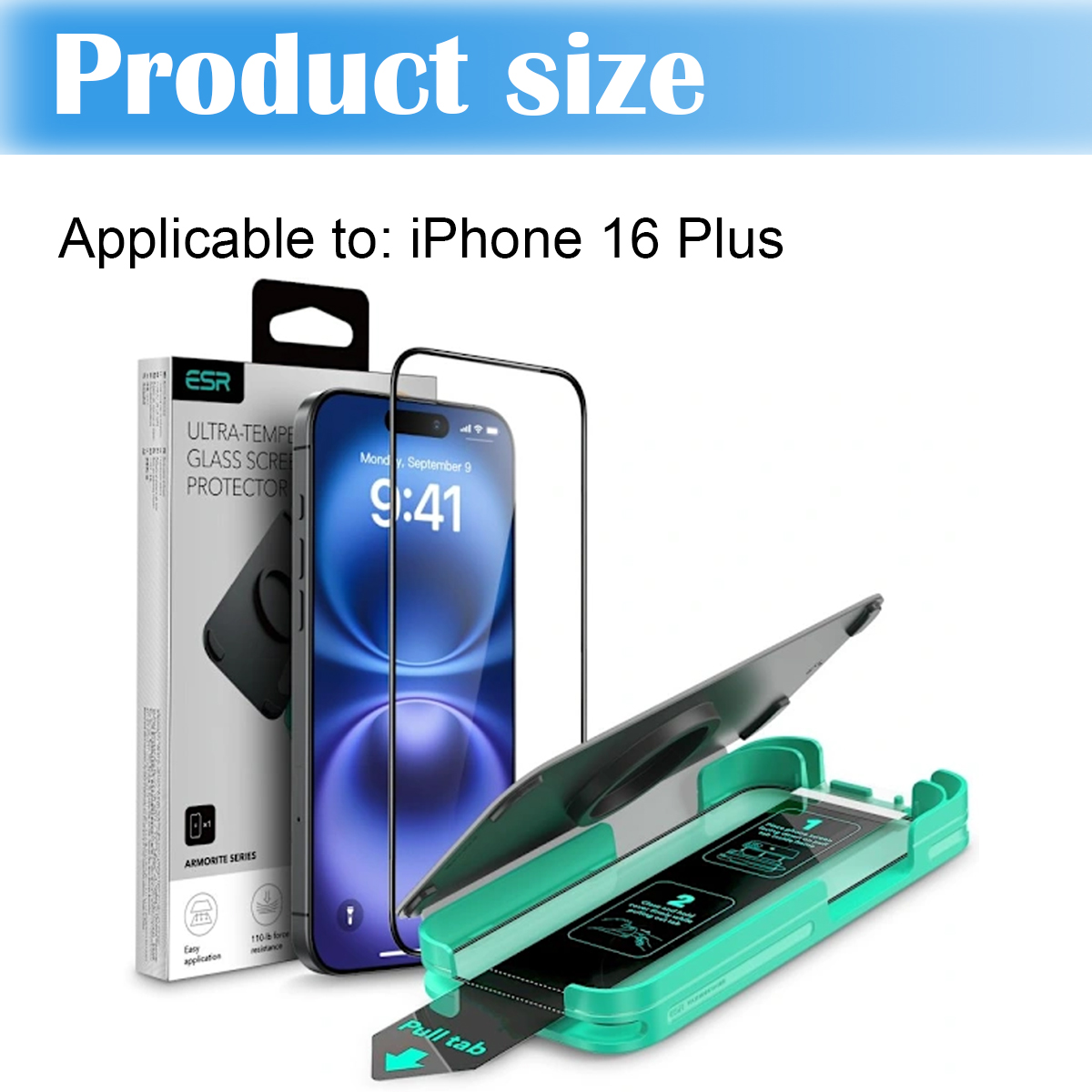 Ein Displayschutz-Kit mit Bildschirm, grünem Applikationswerkzeug und Produktbox.