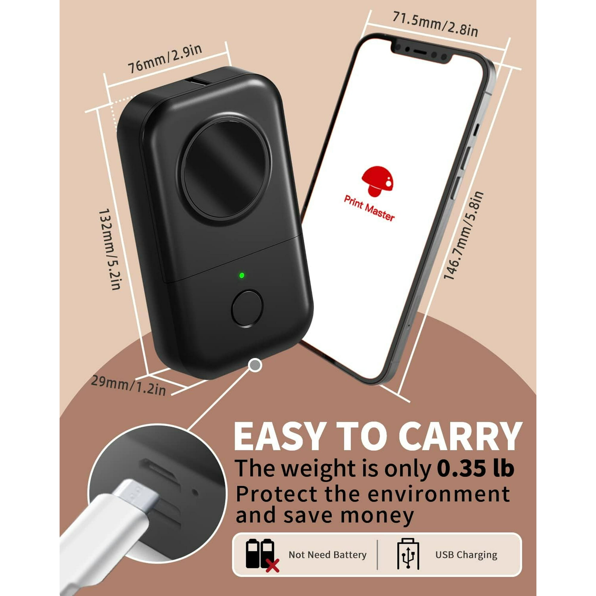Schwarzer Drucker mit Abmessungen, und ein eingestecktes Kabel. Ein Telefon mit App wird angezeigt.